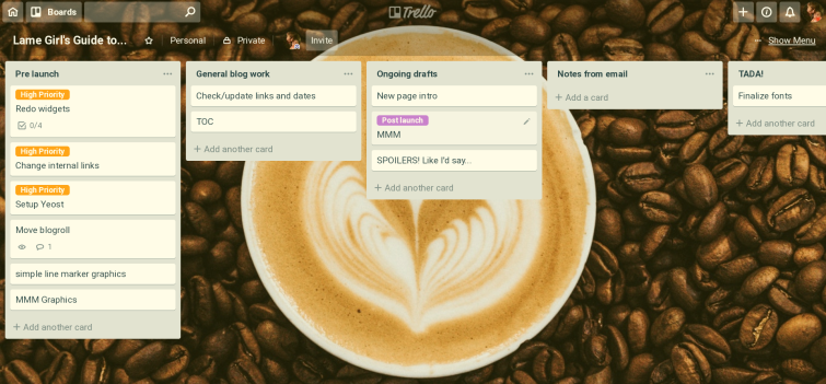 [Coffee art on beans] LGGT Pre-launch, high priority: redo widgets, change internal links, setup Yoast, blogroll, simple graphics. General blog work: check/update links, table of contents. Ongoing Drafts: Page intro, (post-launch) MMM, Spoilers! I can't say more. Tada! finalized fonts